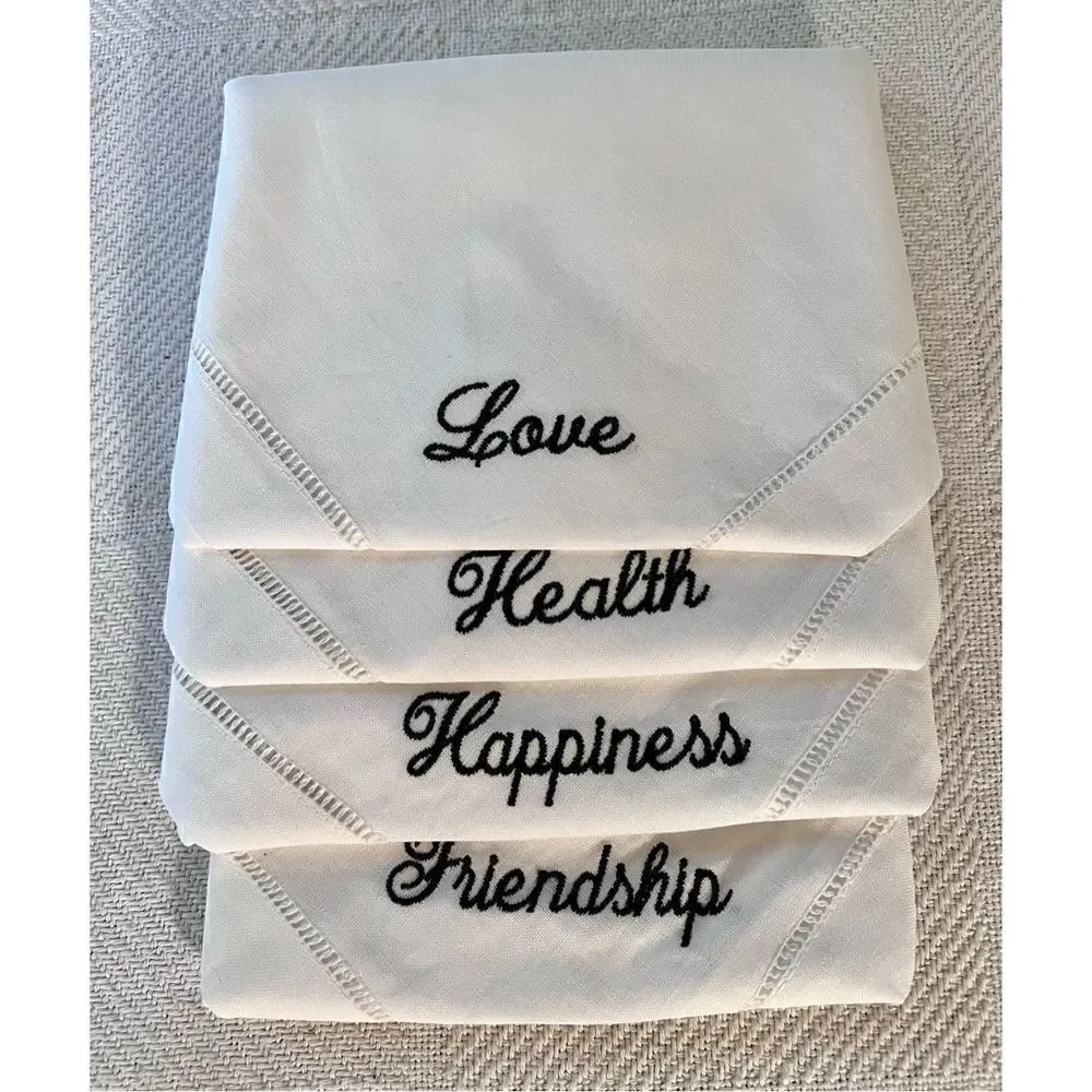 Set of 4 Hemstitched Linen Black Embroidered Hand Towels/Napkins